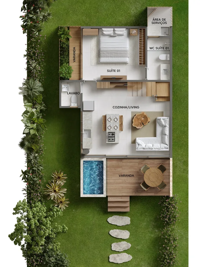Planta humanizada do térreo do Alameda das Artes, com garden e piscina opcional