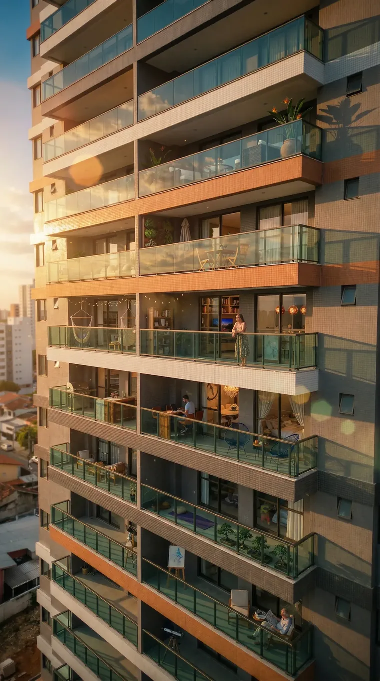 Perspectiva da torre do Arvoredo Residencial ao pôr do sol