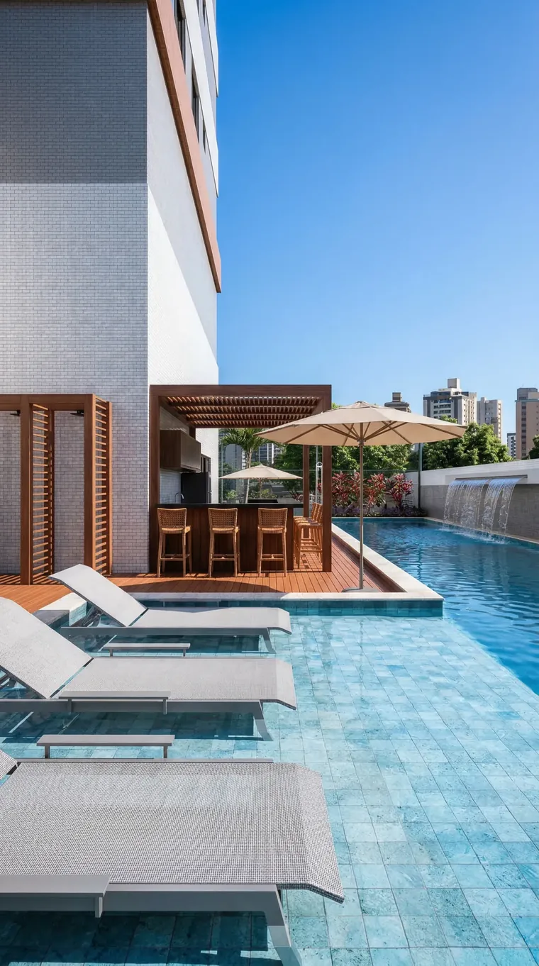Perspectiva da piscina e do deck do Arvoredo Residencial