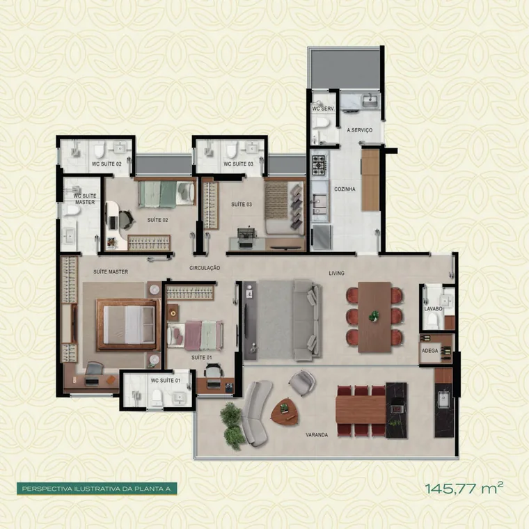 Planta A do Arvoredo Residencial, 145,77 m² e 4 suítes