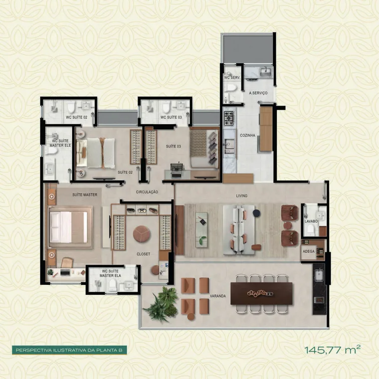 Planta B do Arvoredo Residencial, 145,77 m² e 3 suítes com master ampliada