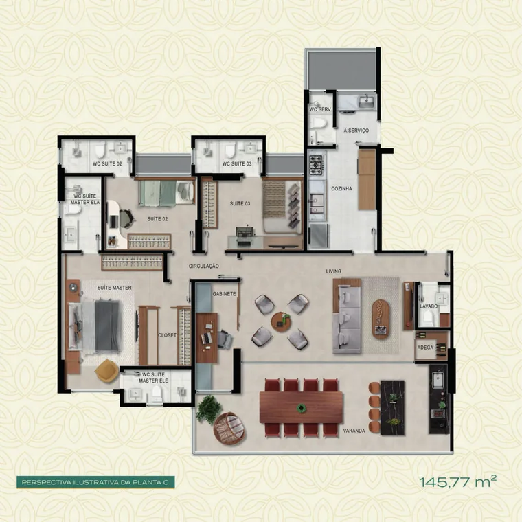 Planta C do Arvoredo Residencial, 145,77 m² e 3 suítes com gabinete
