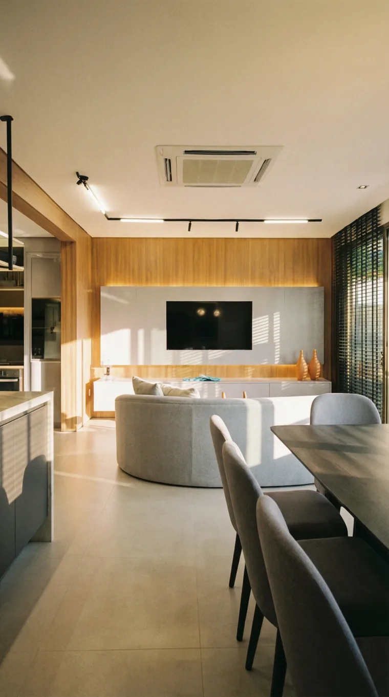 Perspectiva do living de um apartamento tipo do Mont Blanc Hill