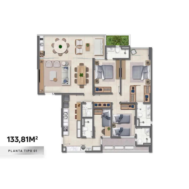 Planta tipo 01 do Mont Blanc Hill, apartamento de 133,81 m²