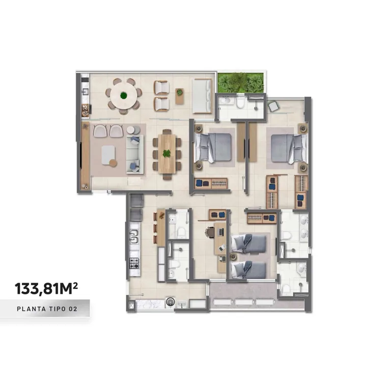 Planta tipo 02 do Mont Blanc Hill, apartamento de 133,81 m²