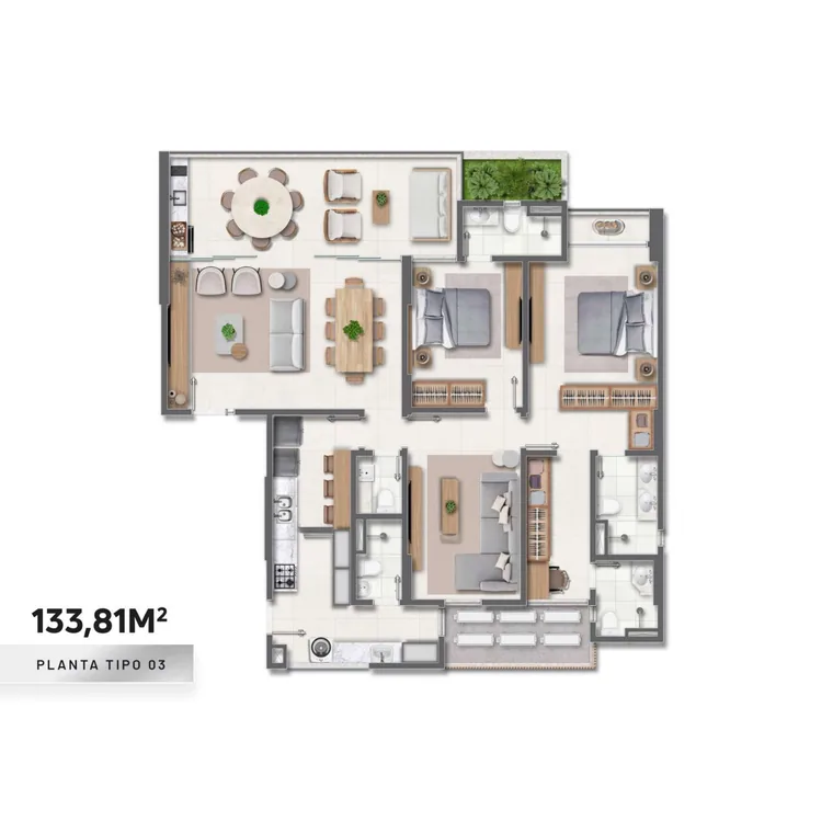 Planta tipo 03 do Mont Blanc Hill, apartamento de 133,81 m²
