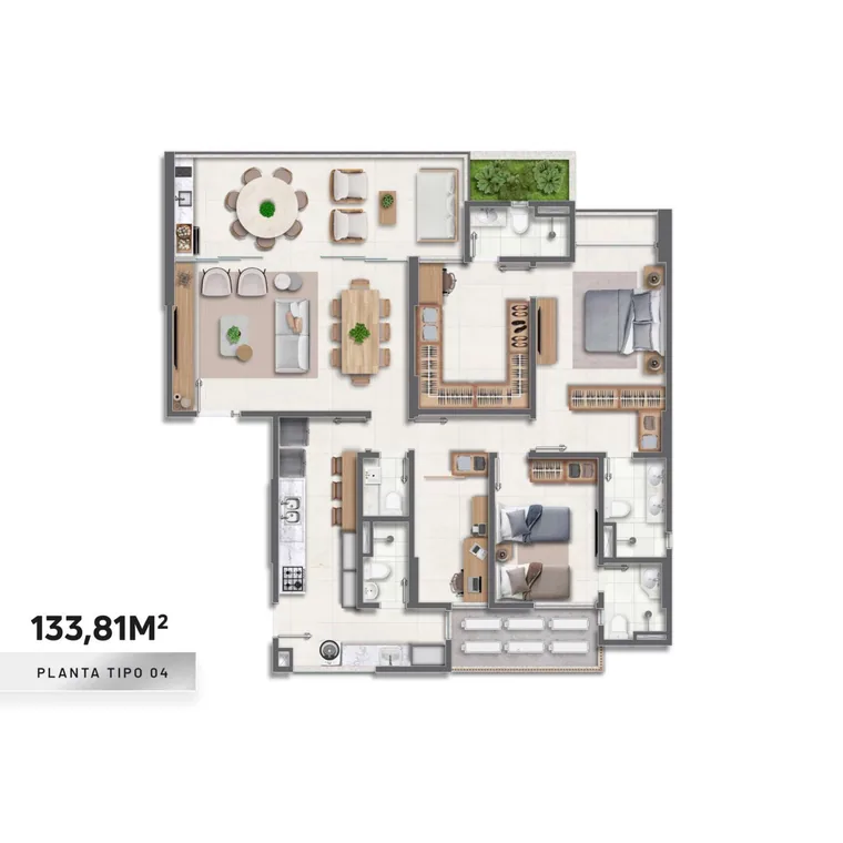Planta tipo 04 do Mont Blanc Hill, apartamento de 133,81 m²