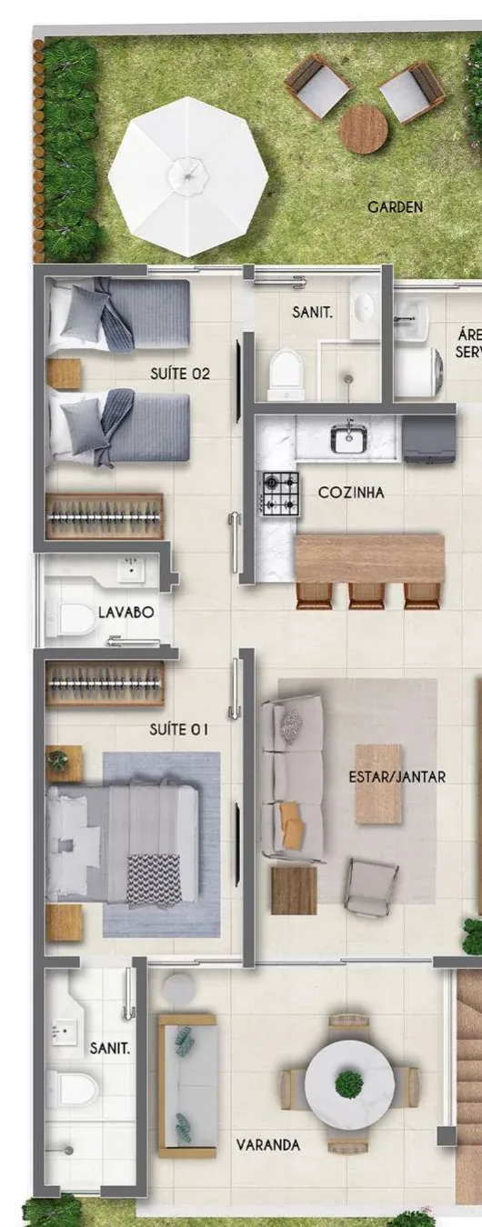 Planta humanizada da unidade térrea do Porto Itacimirim Residence, com 2 suítes e garden