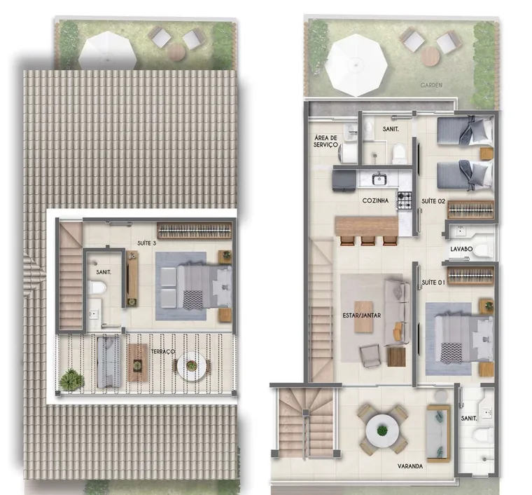 Planta humanizada da unidade superior do Porto Itacimirim Residence, com 3 suítes em dois pavimentos
